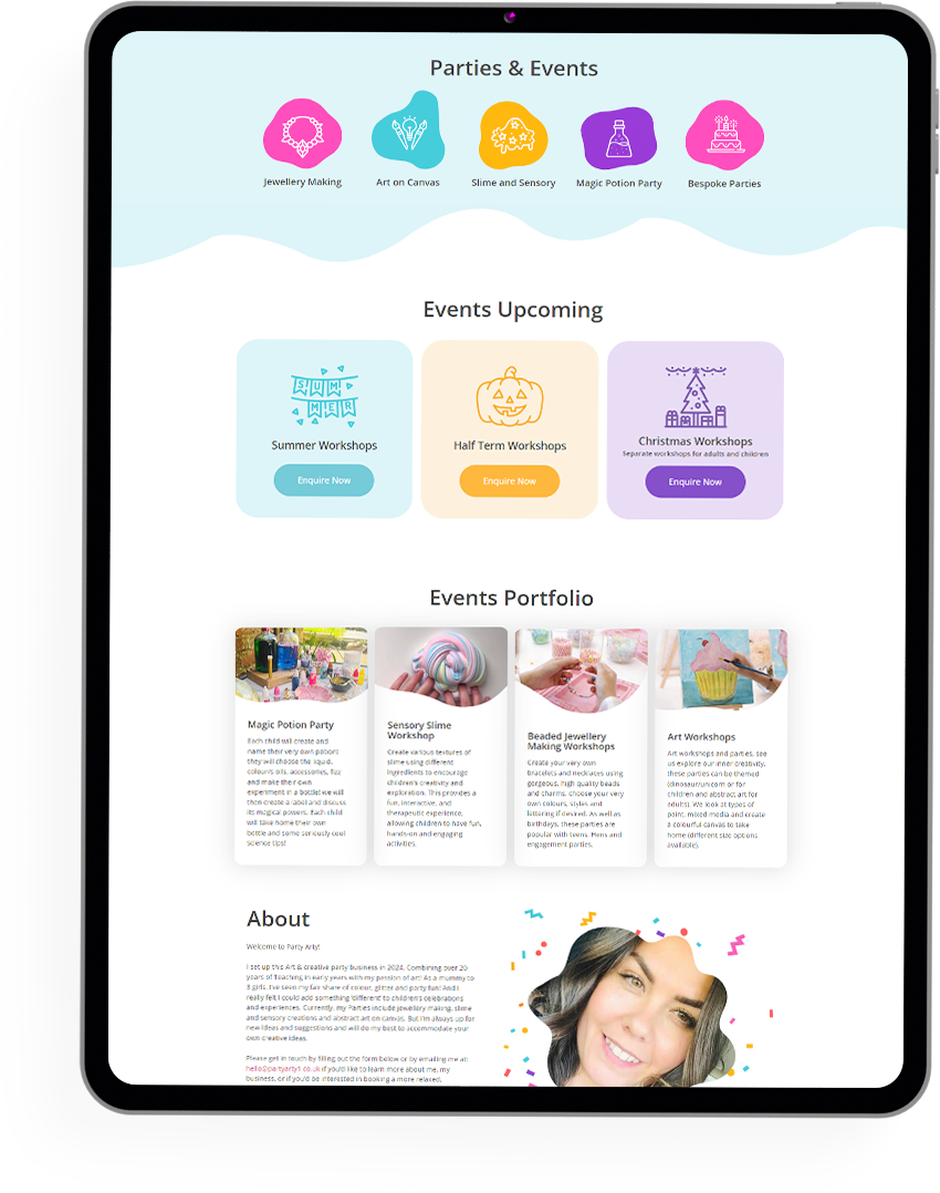 party arty website ipad mockup