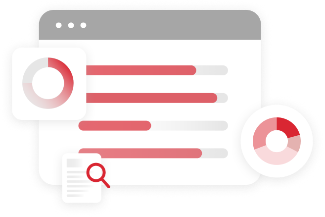 Infographic of a website, search rankings, magnifying glass and KPI's.